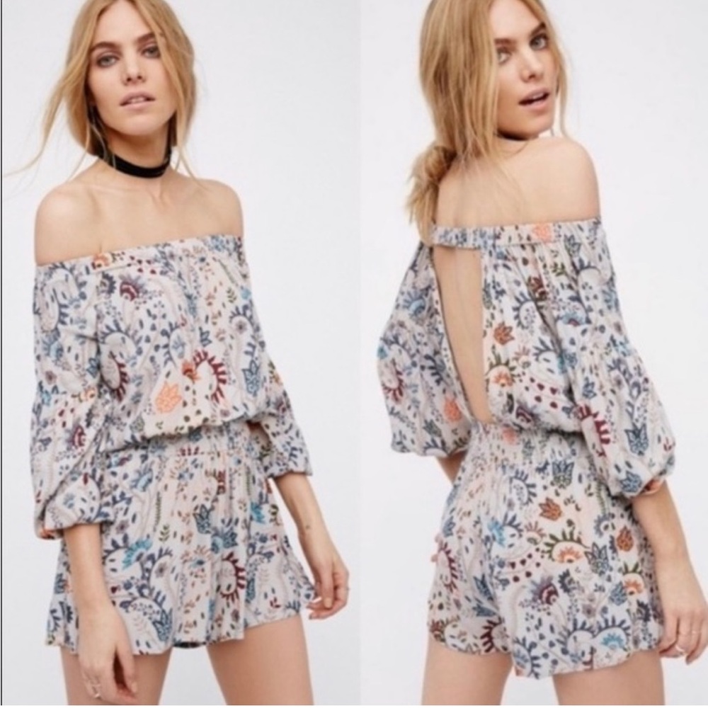 Free People Pretty & Free Off The Shoulder Romper Small Grey Floral Coral Blue